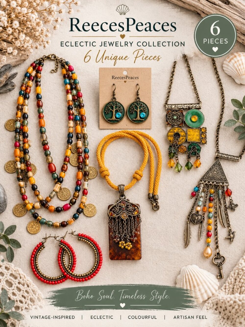Eclectic Boho Artisan Jewelry Collection | 6-Piece Necklace & Earring Lot